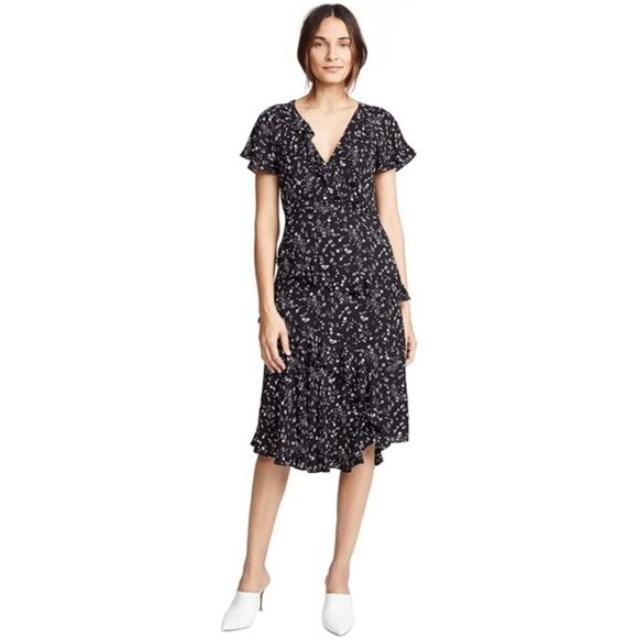 Joie Orita Ruffle Printed Dress in Caviar Black Floral, Size 6 - Picture 2 of 16